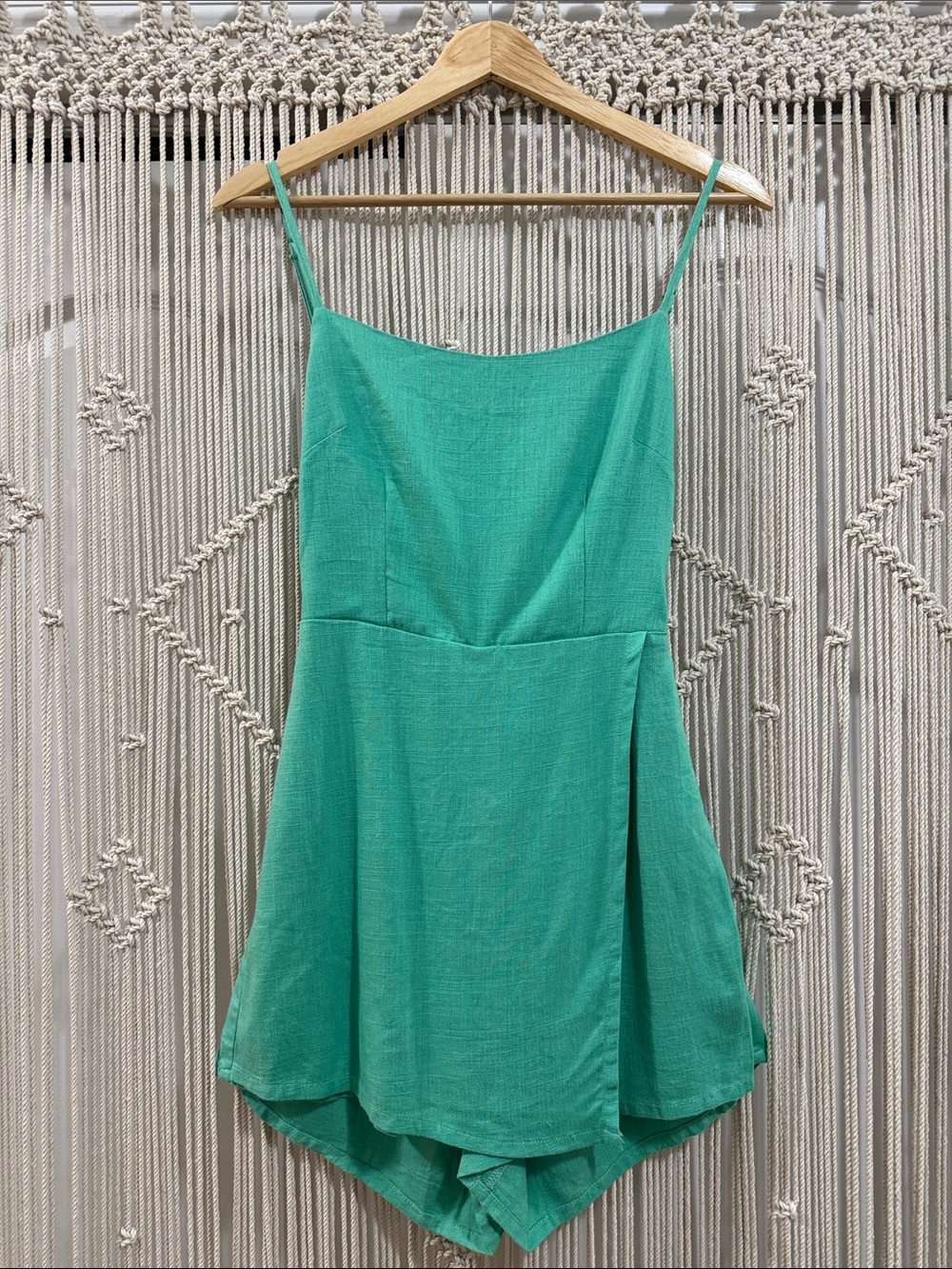 Dotti Light Green Spaghetti Strap Overlay Skirted Romper